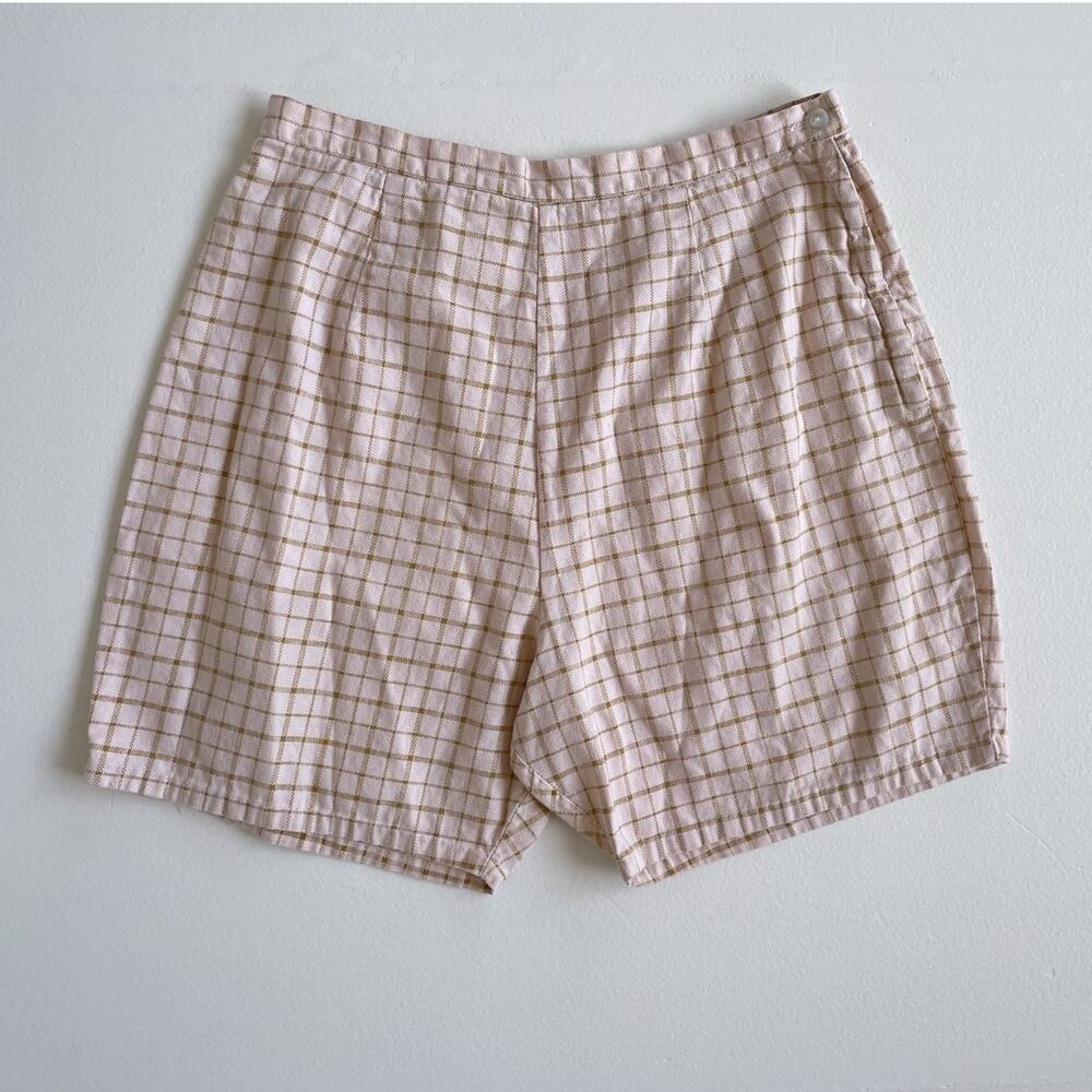 Vtg 60s Pale Pink Plaid High Rise Cotton Shorts Sz 16 Side Zipper Retro Pin Up